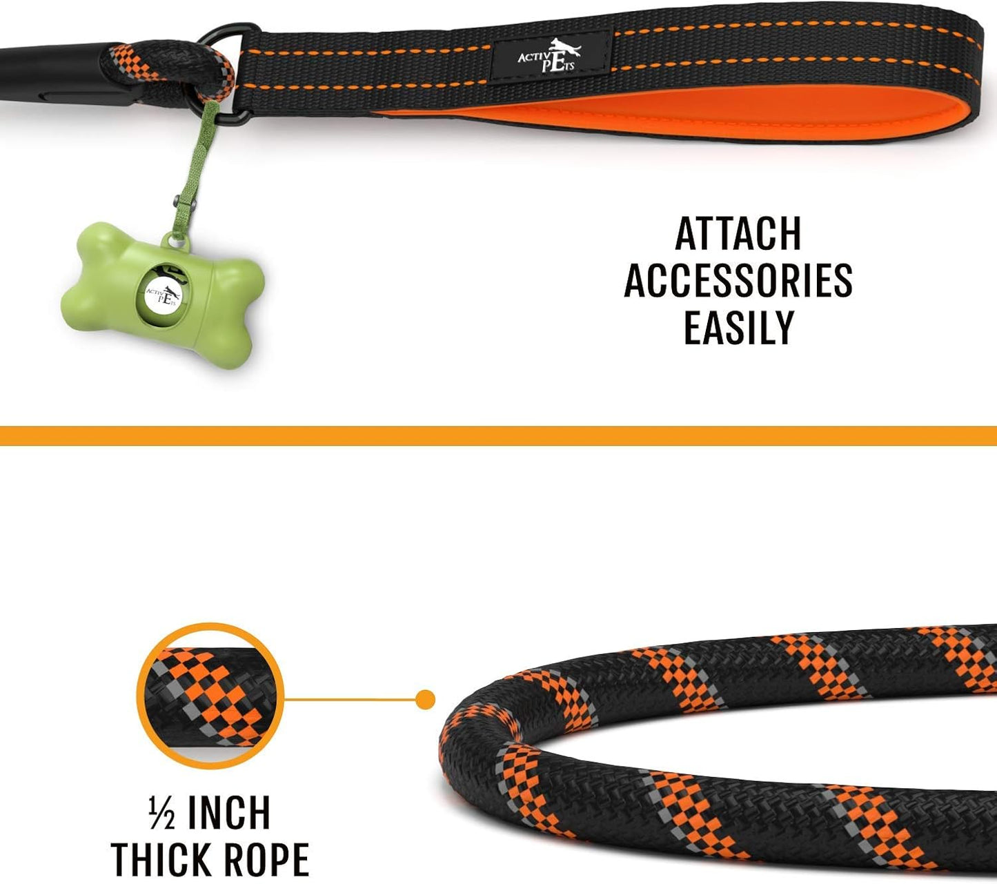 Strong Dog Rope Leash with Soft Comfortable Padded Handle and Highly Reflective Threads, for Small, Medium and Large Dogs, Puppy Leash for Training, Running and Walking