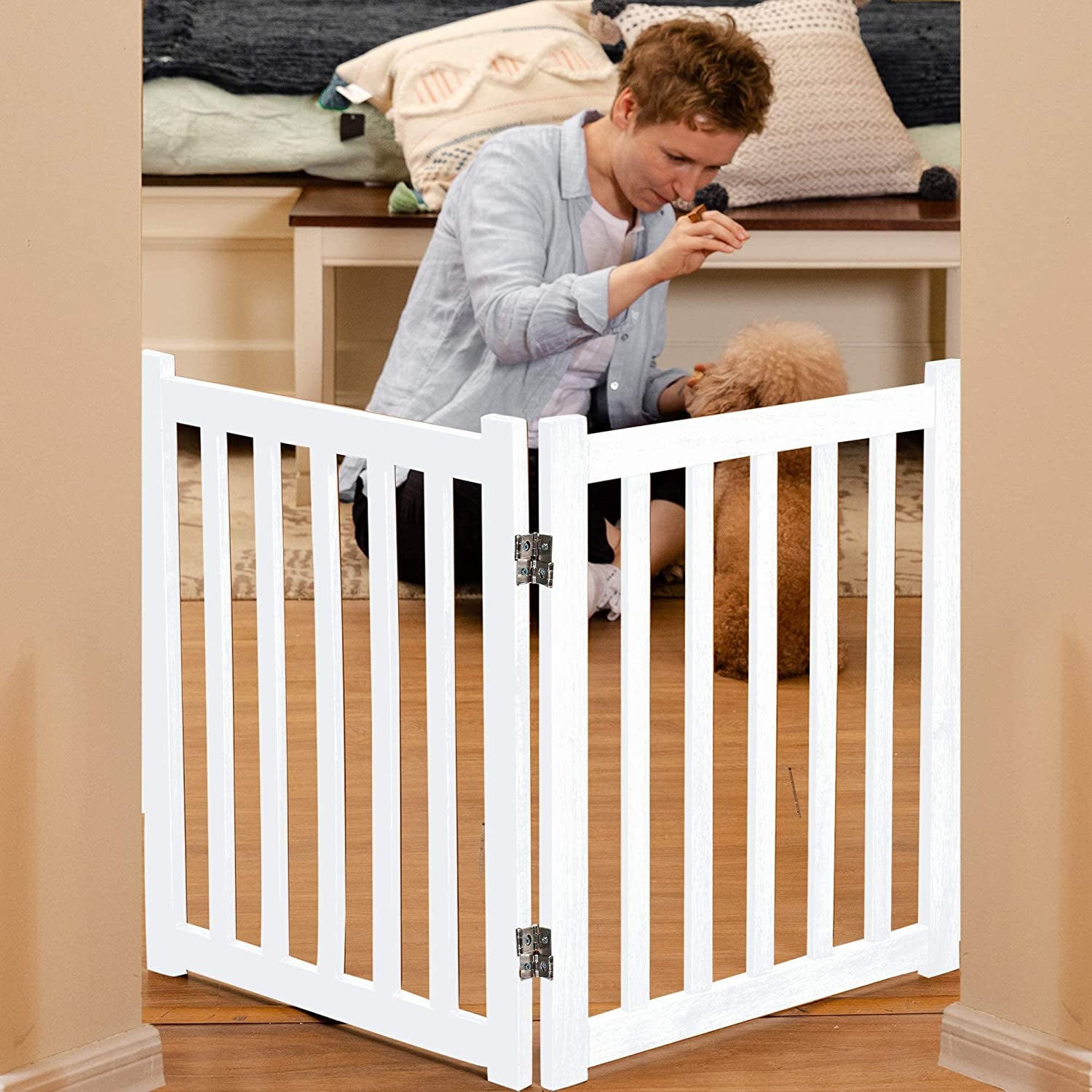 2-Panel Wooden Free Standing Foldable Dog Gate – Solid Hardwood 24" High, Step-Over Safety Pet Gate for Doorways, Stairs & Small Spaces - Indoor Use, White