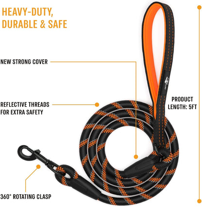 Strong Dog Rope Leash with Soft Comfortable Padded Handle and Highly Reflective Threads, for Small, Medium and Large Dogs, Puppy Leash for Training, Running and Walking