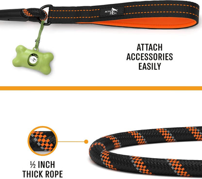 Strong Dog Rope Leash with Soft Comfortable Padded Handle and Highly Reflective Threads, for Small, Medium and Large Dogs, Puppy Leash for Training, Running and Walking