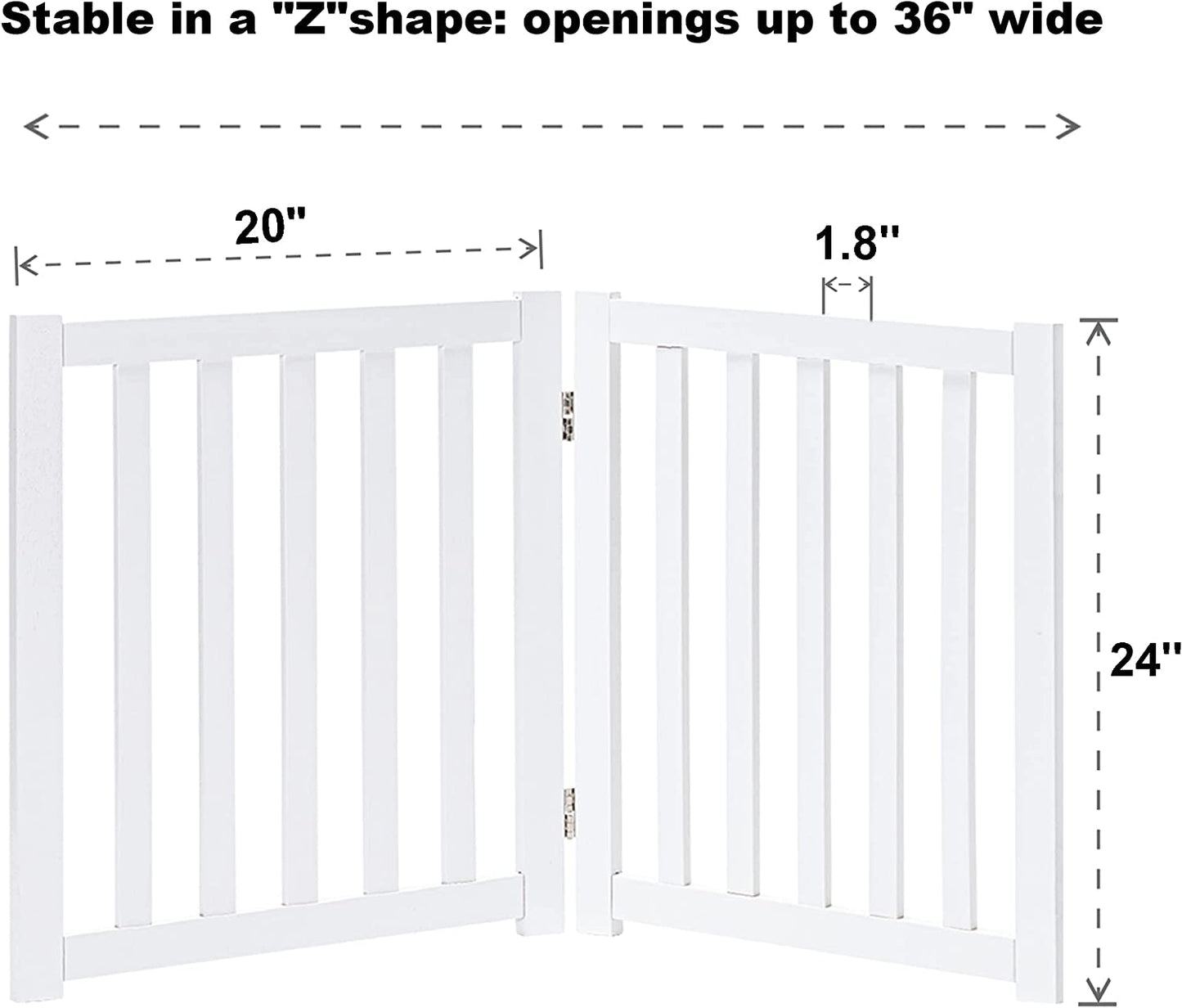 2-Panel Wooden Free Standing Foldable Dog Gate – Solid Hardwood 24" High, Step-Over Safety Pet Gate for Doorways, Stairs & Small Spaces - Indoor Use, White
