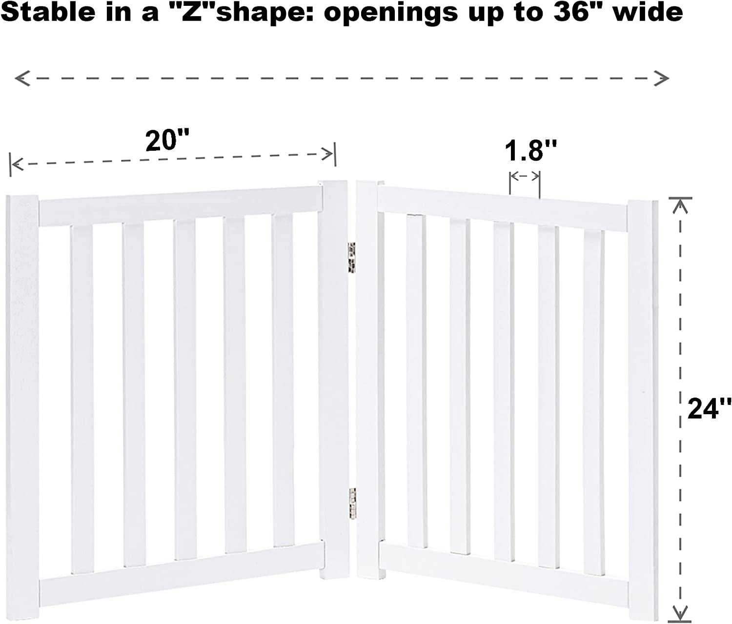 2-Panel Wooden Free Standing Foldable Dog Gate – Solid Hardwood 24" High, Step-Over Safety Pet Gate for Doorways, Stairs & Small Spaces - Indoor Use, White