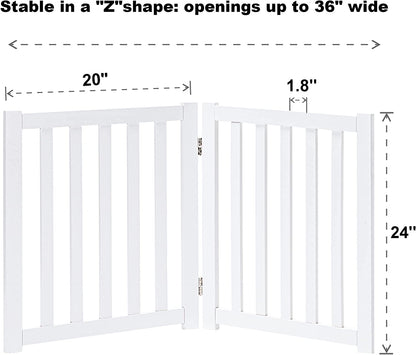 2-Panel Wooden Free Standing Foldable Dog Gate – Solid Hardwood 24" High, Step-Over Safety Pet Gate for Doorways, Stairs & Small Spaces - Indoor Use, White