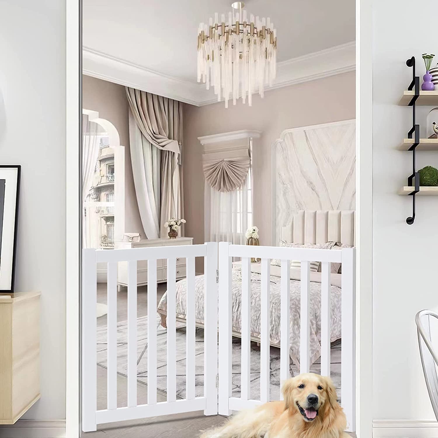2-Panel Wooden Free Standing Foldable Dog Gate – Solid Hardwood 24" High, Step-Over Safety Pet Gate for Doorways, Stairs & Small Spaces - Indoor Use, White